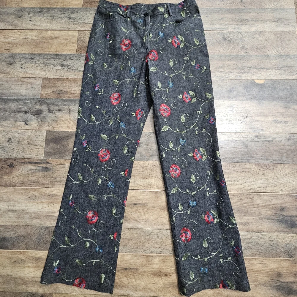 WORTH Floral Embroidered Straight Leg Pants‎ Cotton Stretch Size 8 Vintage